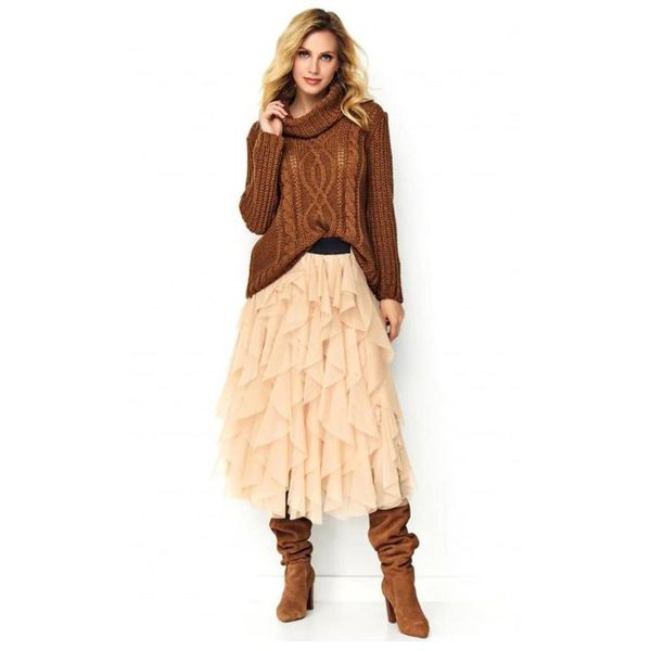 

skirts high street champagne ruffles tiered a-line mid calf tulle 2021 elastic winter fashion maxi skirt, Black