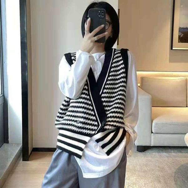 

women's knits & tees korean sleeveless knitted vest retro irregular loose cardigan sweater autumn outer wear striped ins fashion, White