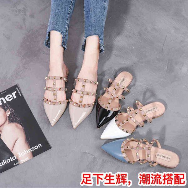 

luxury designer women's shoes rivet in summer women wear net red half slippers with pointed thick heels and liu ding middle heels, whic, Black