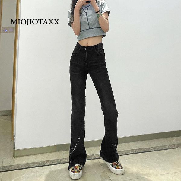 

women's jeans miojiotaxx metal chain decoration split micro flared pants 2021 spring autumn trousers medium waist skinny women, Blue