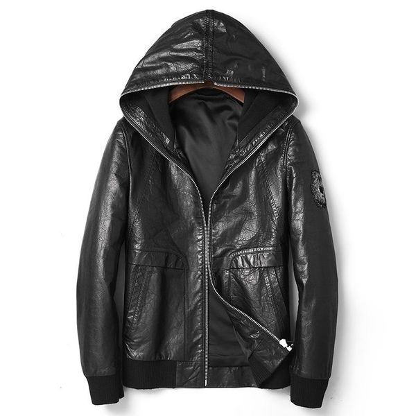 

men's leather & faux vintage genuine jacket men hooded 100% sheepskin coat autumn jackets dk8106 kj2416, Black