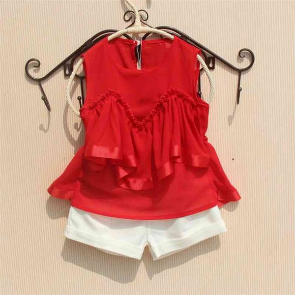 Chiffon camisa vermelha meninas korean crianças roupas verão adolescente escola menina blusa bonito camisas sem mangas para criança bebê 210622