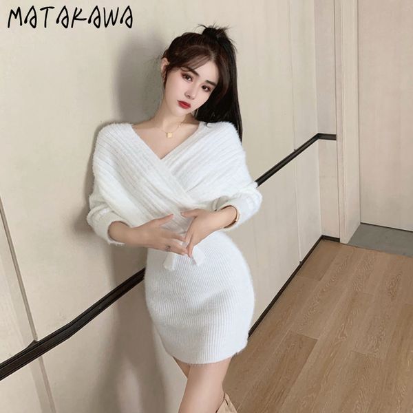 

matakawa lace slim waist sweater woman dress autumn and winter korean slim long-sleeved femme robe bodycon dresses 210513, Black;gray