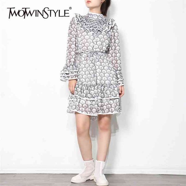 

elegant patchwork ruffle dress for women stand collar flare sleeve high waist mini dresses female fashion 210520, Black;gray