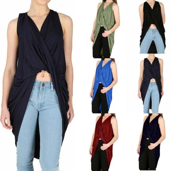 

v neck front cross casual shirt summer sleeveless tee loose irregular hem women shirts long clothes women's blouses, White