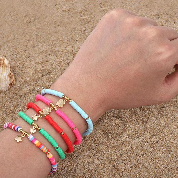 

charm bracelets bohemian colorful clay for women summer beach elastic soft pottery female bracelet boho jewelry friend, Golden;silver