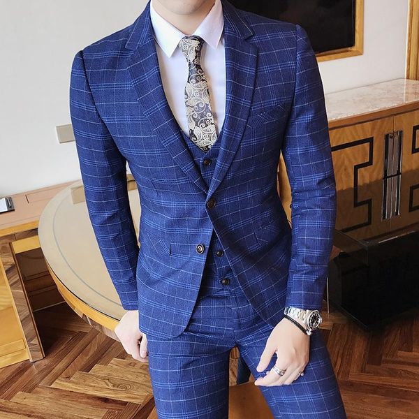 

fashion blue plaid men wedding suits 3 pcs brand business grids mens slim fit jacket+pants+vest men's & blazers, White;black