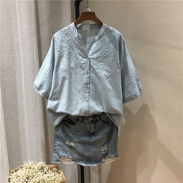 

women's blouses & shirts 5 colors-- lamtrip feminine v-neck hollow out embroidery candy cotton half sleeve shirt blouse 2021 summe, White