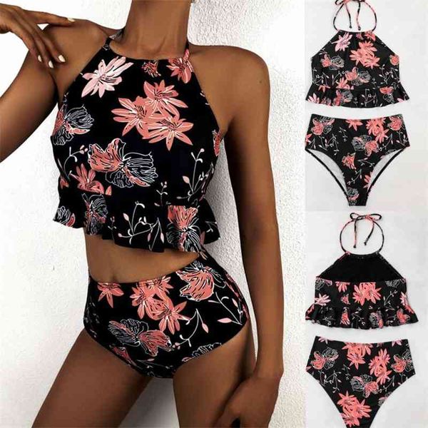 

new ruffle floral bikini high waist neck strap bikini swimsuit, White;black