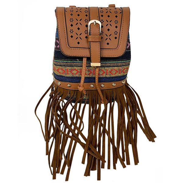 

outdoor bags ethnic style female backpack pu splice hollow bucket bag bohemian tassel one shoulder cross