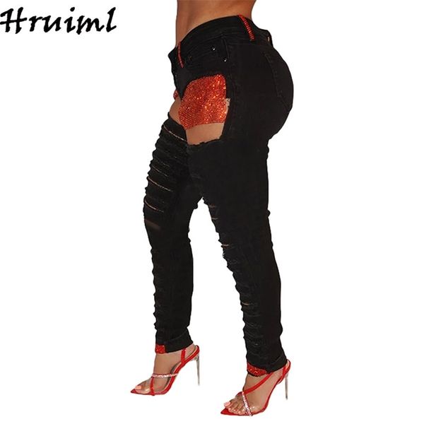 

jeans women diamond pocket hole 's black sequin long trousers daily casual skinny pencil pant 210513, Blue