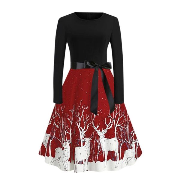 

casual dresses womens vintage reindeer printed christmas party a-line gown bowknot belt round neck long sleeve midi swing dress, Black;gray