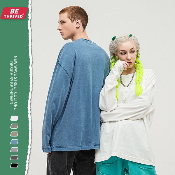 

be men's wear | 2021 autumn new reverse wear loose ee washed fog long sve t-shirt high street brand bottomed shirt, White;black