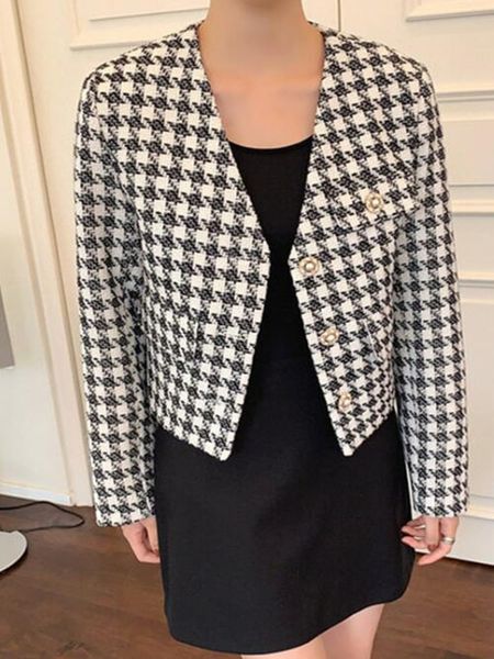 

two piece dress zawfl - women's vintage plaid jacket, elegant coat with buttons, smooth clothes, office spring and autumn,, White
