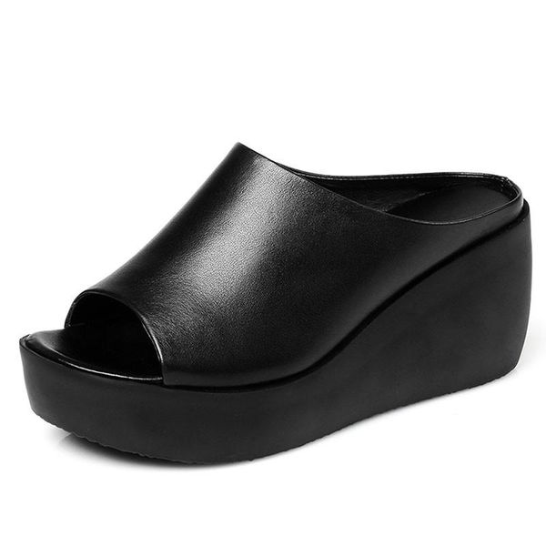 

drop 2021 women summer fashion leisure shoes platform wedges fish mouth sandals thick bottom slippers, Black