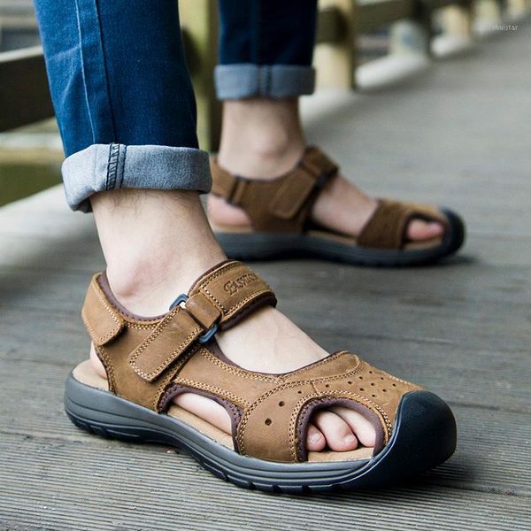 

sandals fashion men leather casual outdoor 2021 summer handmade shoes breathable footwear walking 39-441, Black