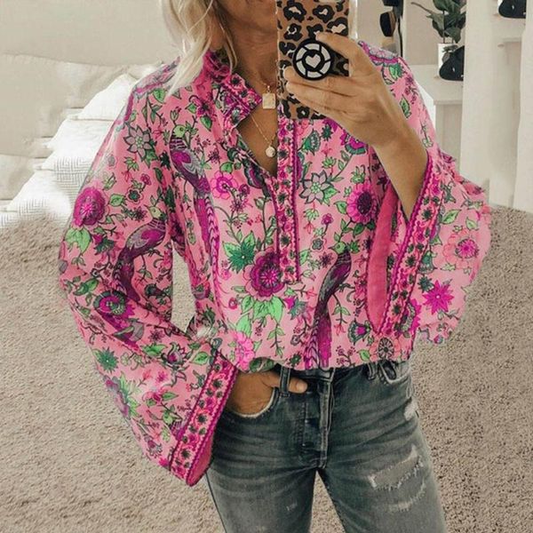 

women's blouses & shirts bohemian flower print blouse casual long sleeve floral v neck loose elegant clothing ropa, White