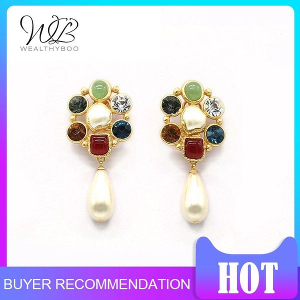 

women gold metal dangle earrings multi color gem irregular pearl drop for female fashion jewelry gift & chandelier, Silver