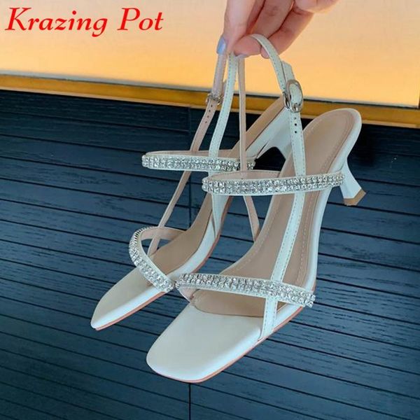 

sandals krazing pot full grain leather thin high heels summer diamond bling decoration women luxury buckle straps nightclub sexy, Black