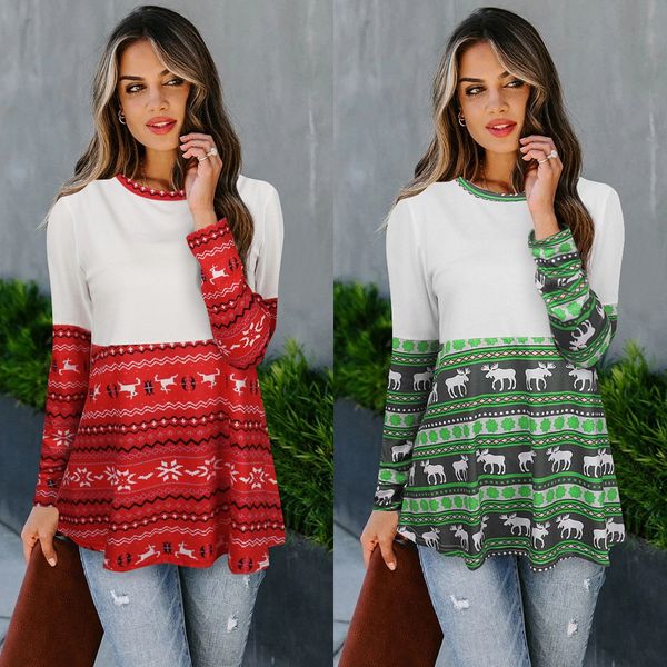 

2021 new european and american women's long sleeved round neck christmas printed bottomed t-shirt, White
