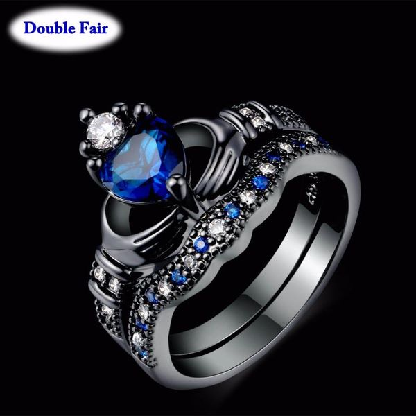 

wedding rings fashion punk style black gold color ring sets blue heart crystal brand jewelry for women engagement gift dwdd015, Slivery;golden