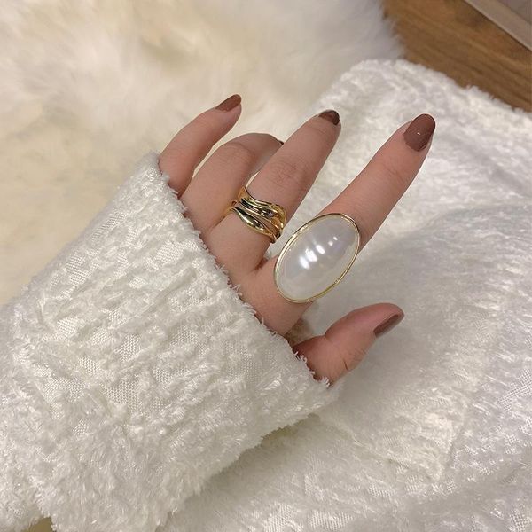 

wedding rings elegant retro oversize imitation pearl for women lady fashion metal geometric open charm forefinger ring jewelry, Slivery;golden