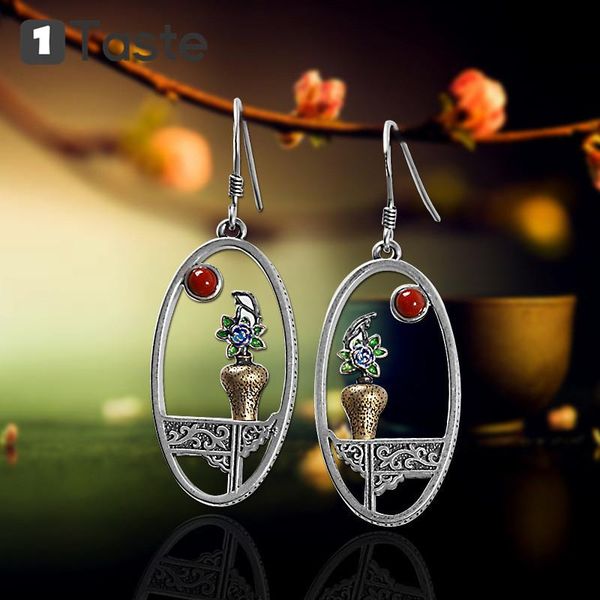 

dangle & chandelier onetaste 925 sterling silver enamel agate flower vase drop earrings ethnic vintage zen earring 2021 fine jewelry women g