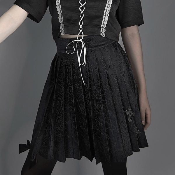 

skirts gothic punk high waist pleated mini female 2021 luxurious metal cross causal highstreet summer preppy korea japan chic, Black