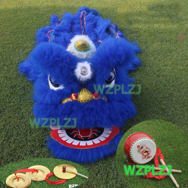 Blu 14 pollici Costume da ballo del leone Tamburo Gong 5-12 anni Bambino Bambini WZPLZJ Party Sport Outdoor Parade Parad Stage Mascot Cina performance Toy Kungfu set Traditiona