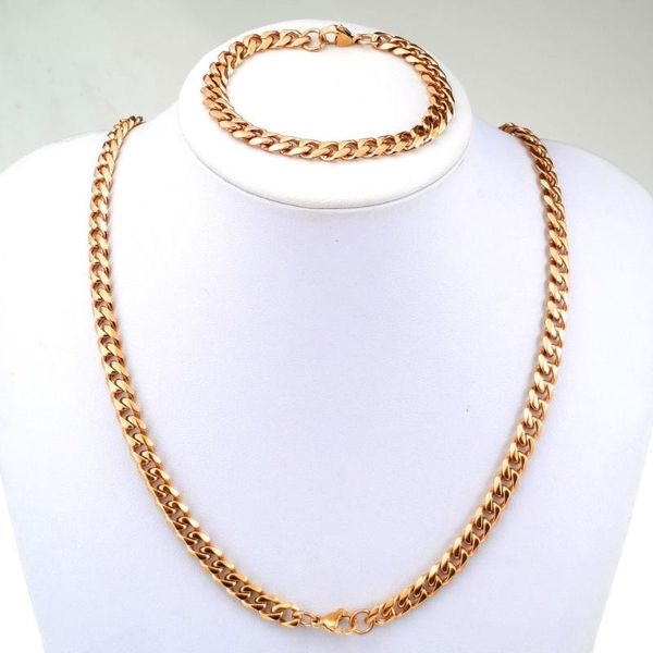 

chains rose gold tone stainless steel miami curb chain bracelet set cuban link necklace 5~7mm width, Silver