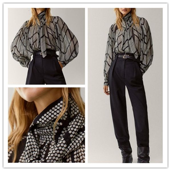 

shirt 2021 autumn wave dot printed color block ladies casual knotted trxh, White