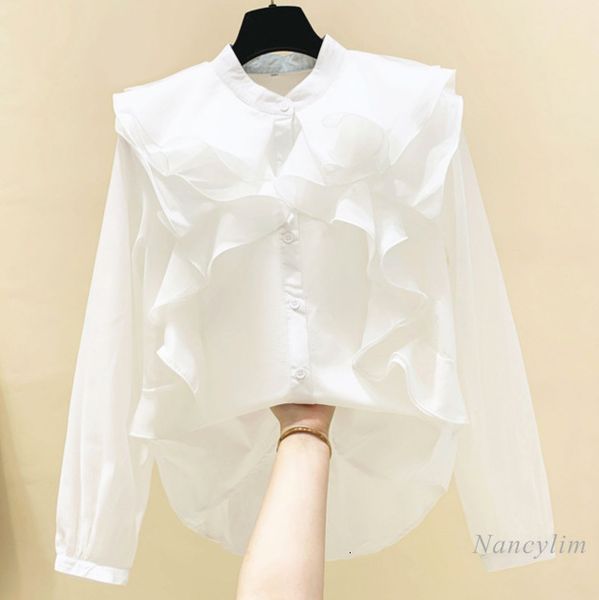 

blouses shirt women's striped mesh stitching ruffles stand collar white long sleeve blouse office lady all-match