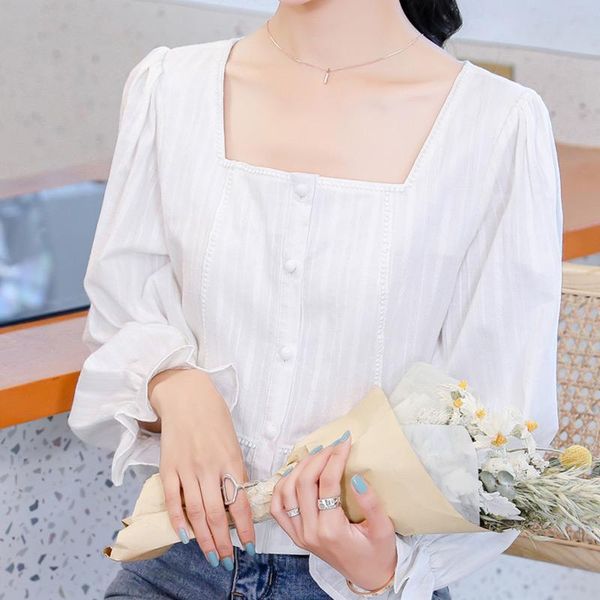 

korean 2021 spring square collar white shirt blouse women crop french vintage lantern sleeve ruffles formal for women's blouses & shirt