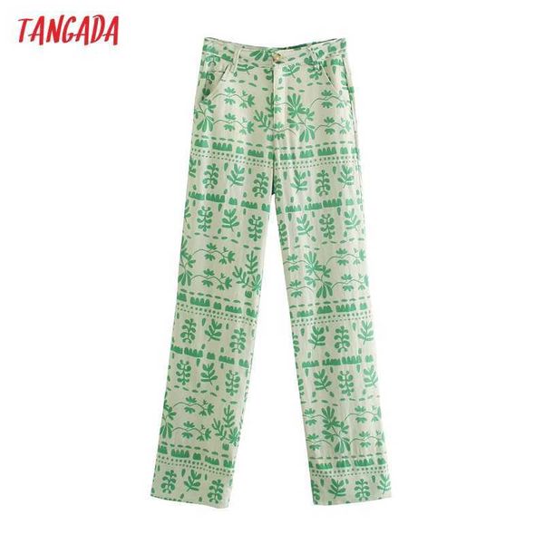 

tangada fashion women green leaves print suit pants trousers vintage style pockets buttons office lady pants pantalon 5z231 210609, Black;white