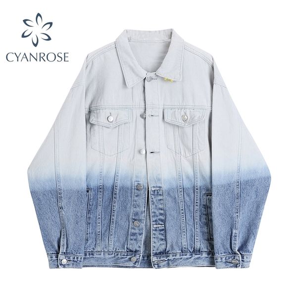 

denim jacket women high street fashion single breasted pocket y2k quality loose streetwear gradient color jeans coats female 210515, Black;brown