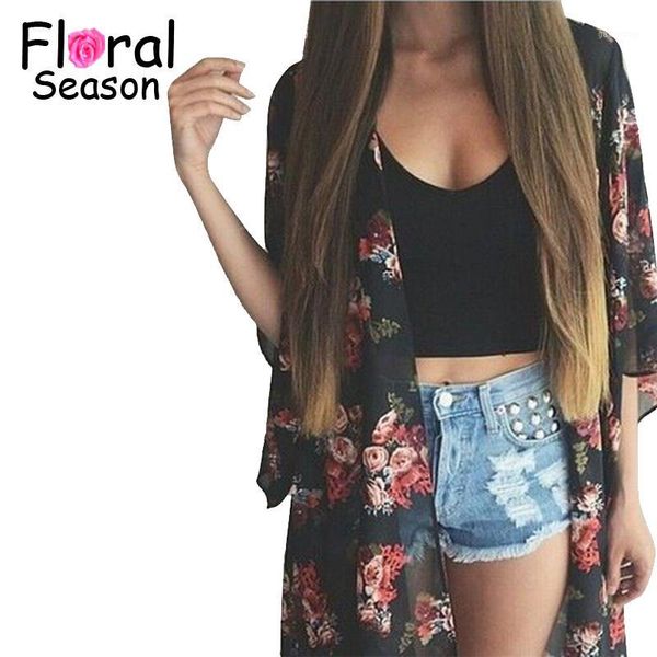

women's jackets wholesale- 2022 fashion women ladies sheer floral chiffon kimono cardigan robe jacket vintage print jacakets zm00731, Black;brown