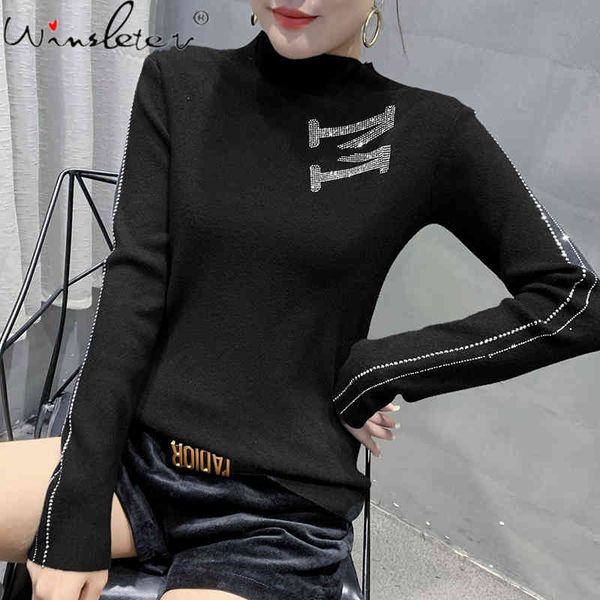 

women's knits & tees fall winter korean style knitted sweater girls fashion solid letter shiny diamonds women pullover bottoming s, White