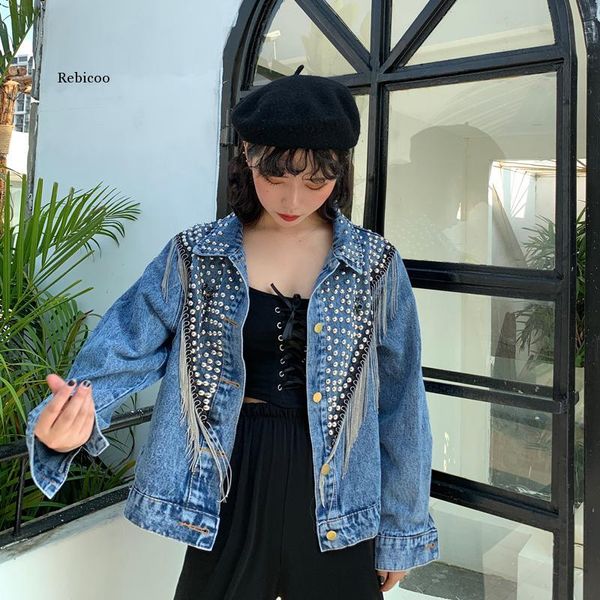 

women's jackets autumn streetwear denim jacket women hand-studded rivet tassel chain short jeans loose black coats, Black;brown