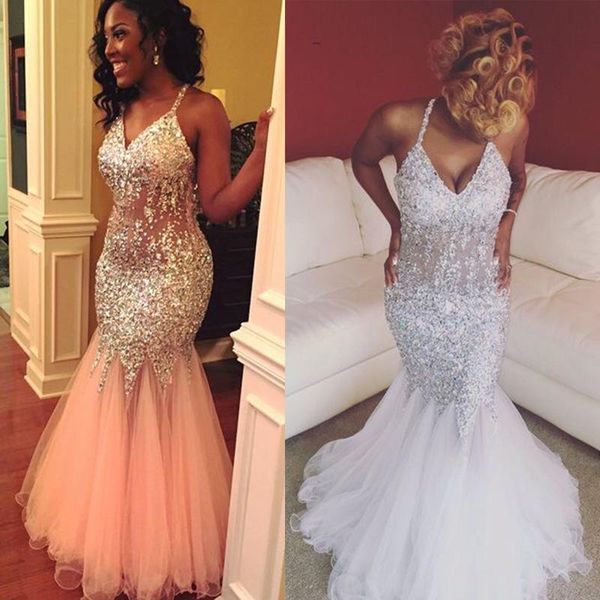

party dresses mermaid prom 2021 bling full crystal vestidos de fiesta halter tulle evening gowns long, White;black