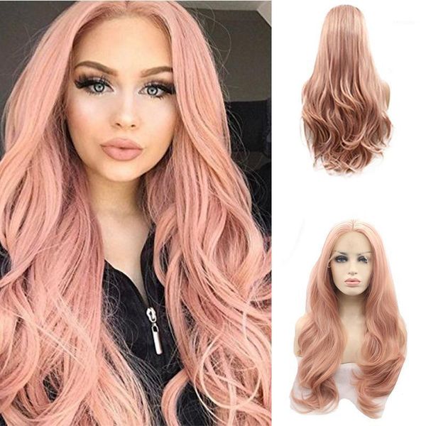

pink colored synthetic lace front wig glueless cosplay body wave curly hair for black women pre plucked lolita frontal wigs1