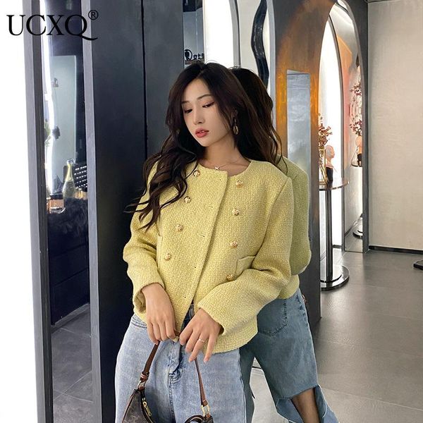 

women's wool & blends ucxq woman short jacket solid o collar long sleeve double breasted wild tweed slim french vintage style 2021 autu, Black