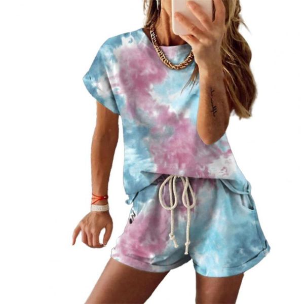 

women's tracksuits tie-dye gradient pajama sets short-sleeved loungewear set homewear ensemble pyjama femme shorts women, Gray