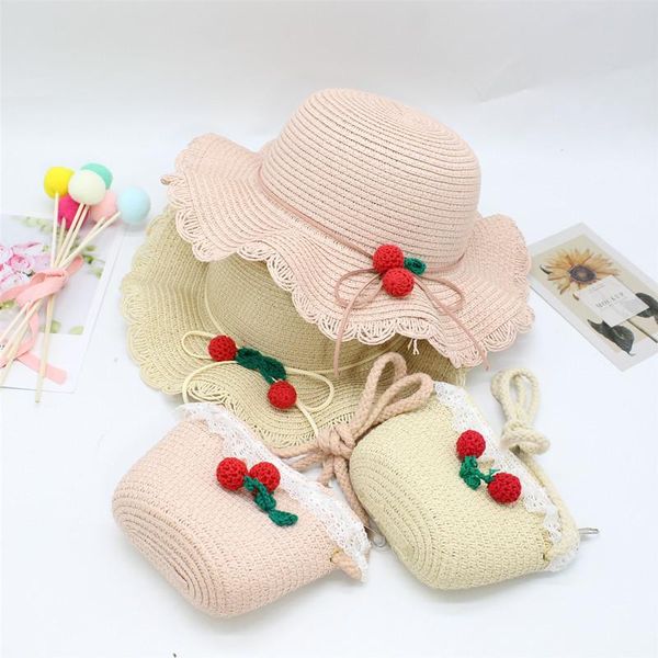 

seioum summer child casual straw hat +handbag outdoor holiday kid girl cherry sun panama cap and bag set caps & hats, Yellow