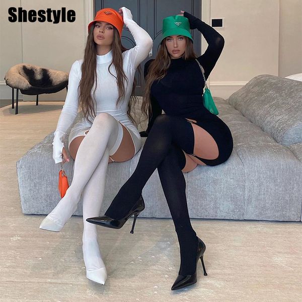 

shestyle stocking 2021 autumn dress women white black asymmestical mock neck elegant slim party club outfits dresses newb, Black;white