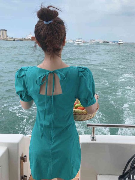 

summer high-waist slim-fit fashion pleated short skirt back hollow design short-sleeved dress women 210429, Black;gray