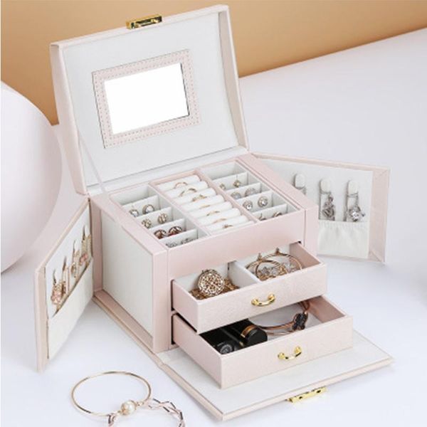 

jewelry box large capacity leather storage drawer type earring ring necklace with mirror watch organizer cosmetic bags & cases