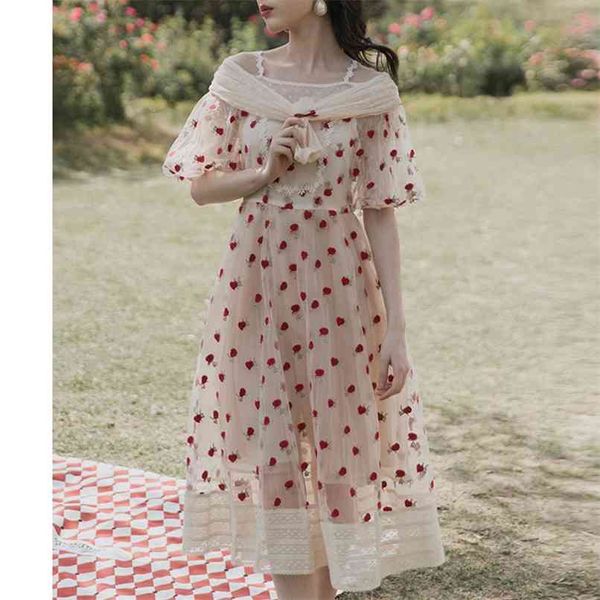 Мода клубничное платье лето вышитая сетка средняя длина женская юбка продажа 210520