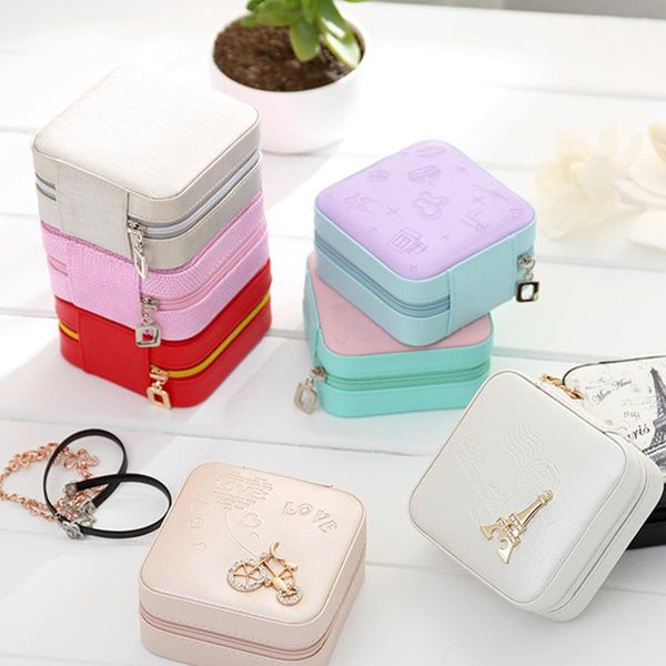 

jewelry pouches, bags portable travel cosmetic leather box necklace ring storage case convenient practical organizer, Pink;blue