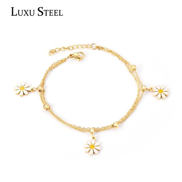 

ladies bracelet fashion sweet white petal chain stainless steel gold silver color double chains bracelets link,, Black