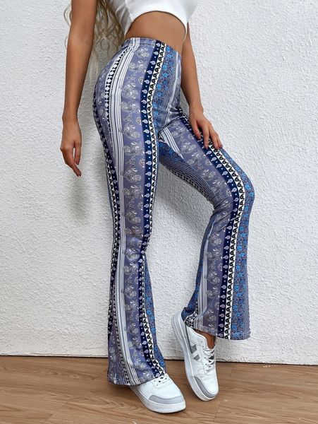 

striped & floral print flare leg pants x2i8#, Black;white